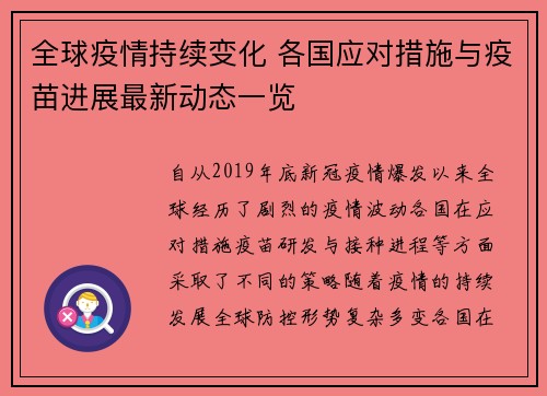 全球疫情持续变化 各国应对措施与疫苗进展最新动态一览