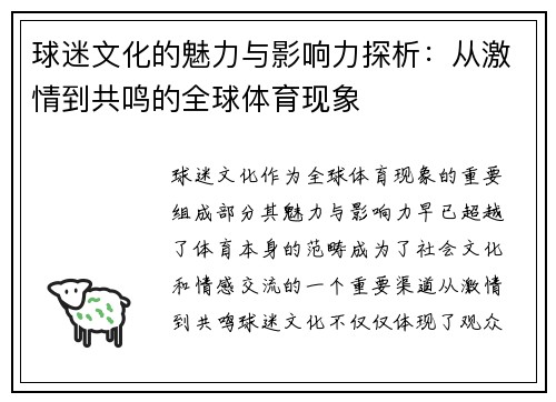 球迷文化的魅力与影响力探析：从激情到共鸣的全球体育现象