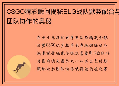 CSGO精彩瞬间揭秘BLG战队默契配合与团队协作的奥秘